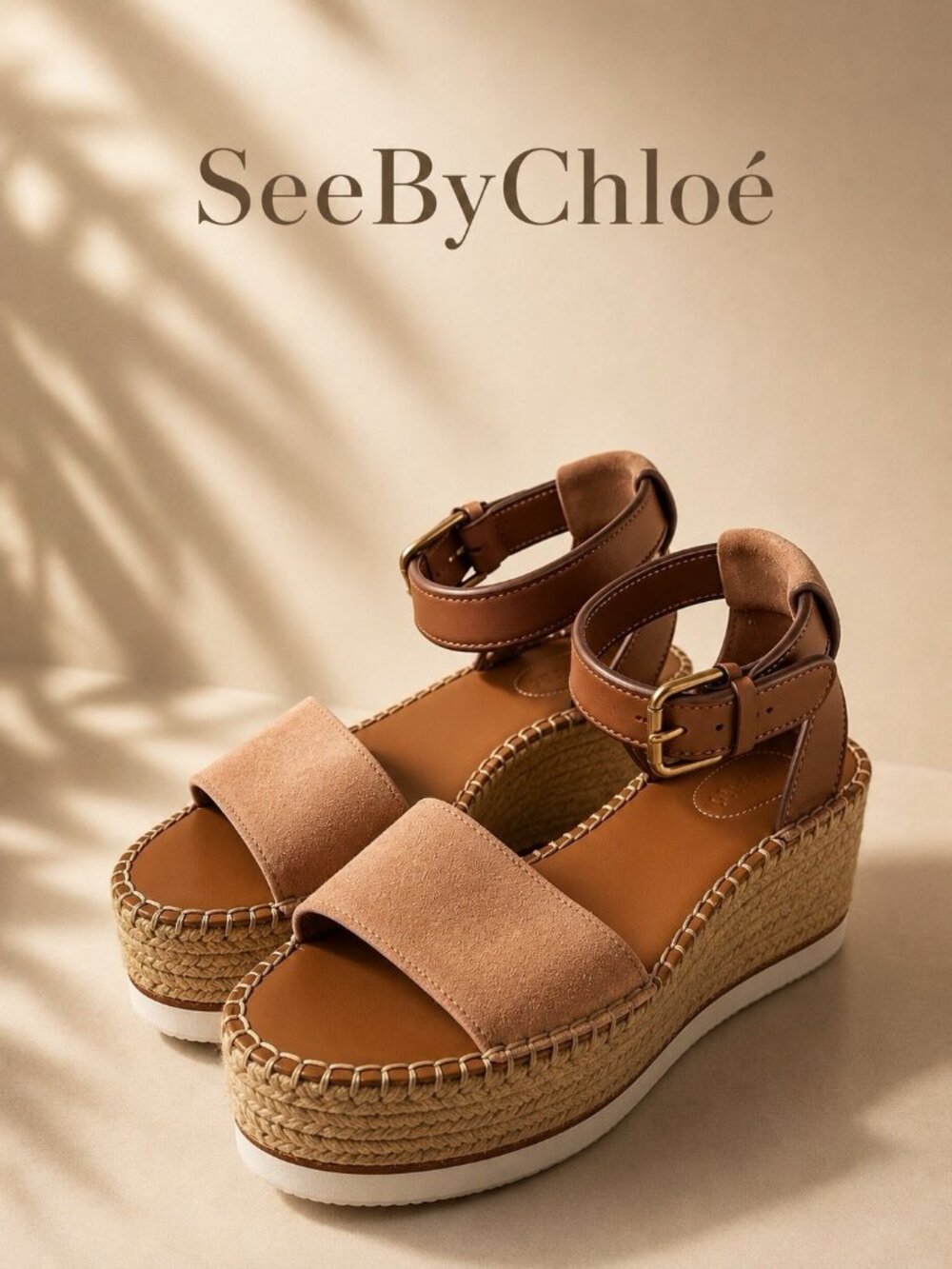 See by Chloé Glyn Suede Espadrille Platform Wedge Sandal Blush Pink Ankle Strap